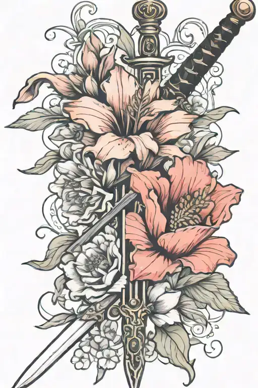 Gladiolus And Poppy Flower Wrapping Around A Sword