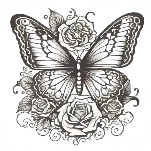 Butterfly Wings With Rose Falling Leaves