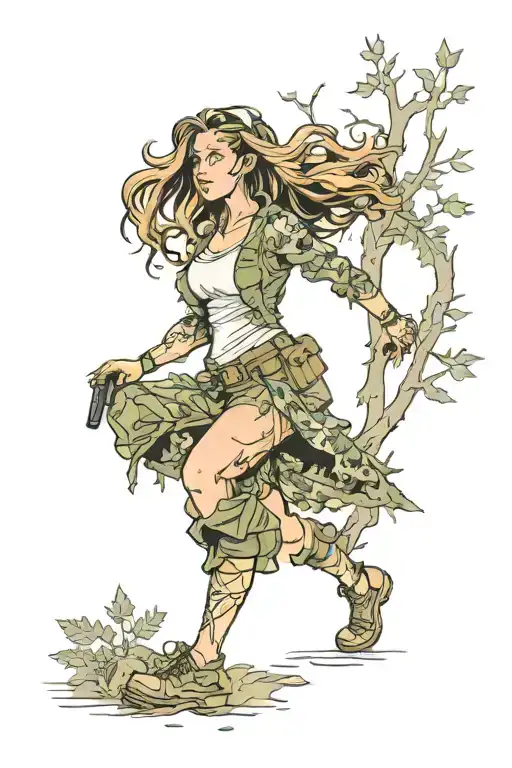 Army Girl In Forest With Arms Down Gaining Energy From The Ground