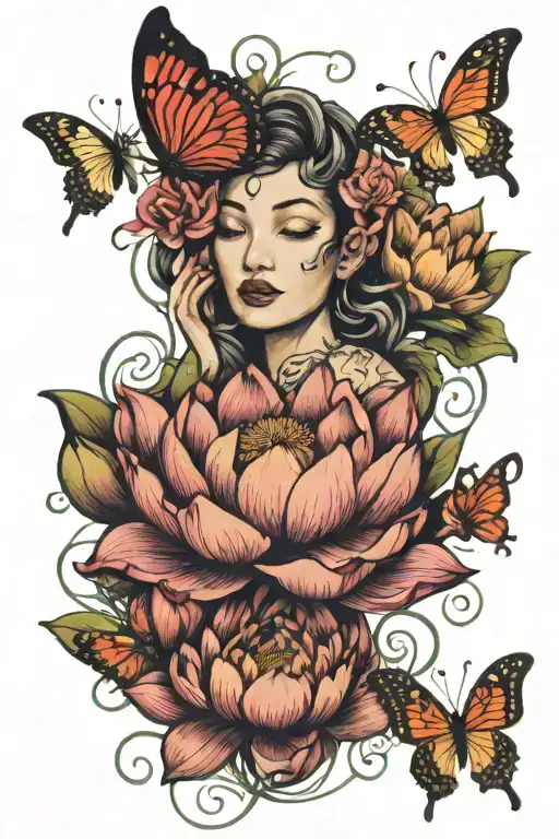 Lotus Flowers With Vines And Butterflies And Woman Face Incorporated