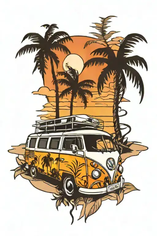Palm Tree Camper Van Beach Sunset