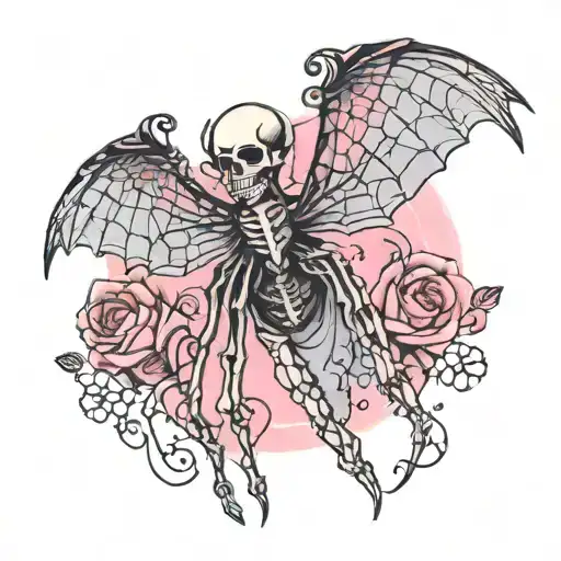 Skeleton Angel Wings Back Tattoo With Spider Webs And Pastel Pink Outline And Black