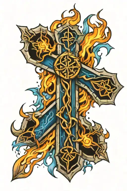 Celtic Cross Ripped Skin Blue Flames Around It