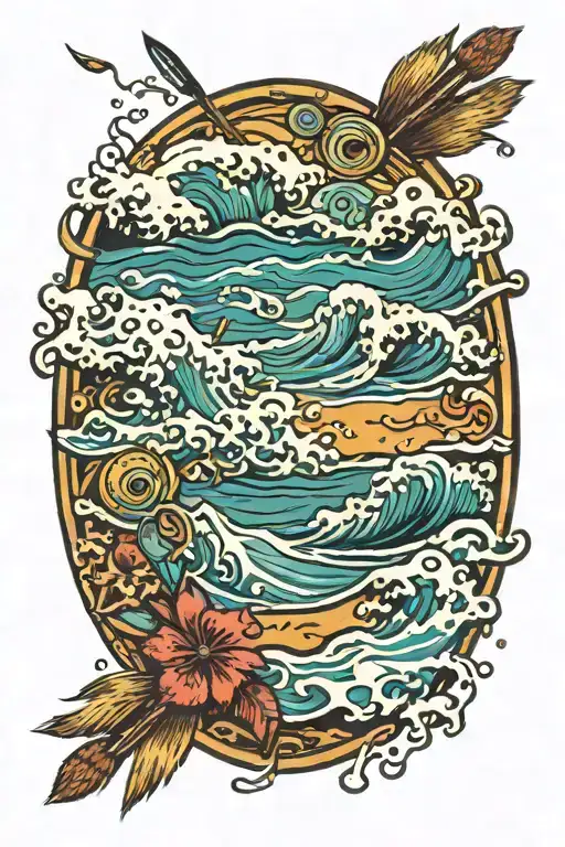 A Painting Palette With Brushes Morphing Into Waves Crashing On A Beach