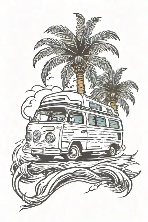 Palm Tree Camper Van River Flowing