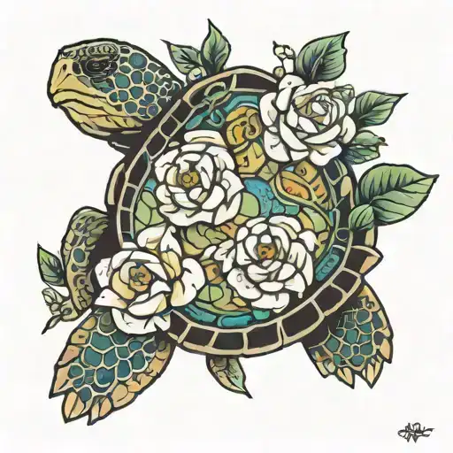 Turtle With April And December Flowers Growing