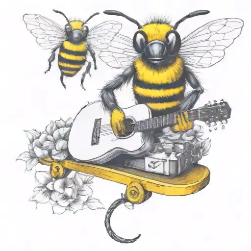 Bee Playing On Guitar Skateboard