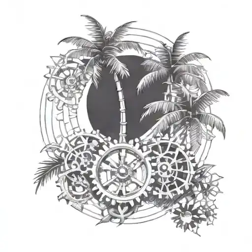 A Sketch Style Tattoo Of A Palm Tree With Intricate Engineering Gears As Coconuts