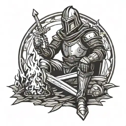 Medieval Knight Sitting By Camp Fire With Sword