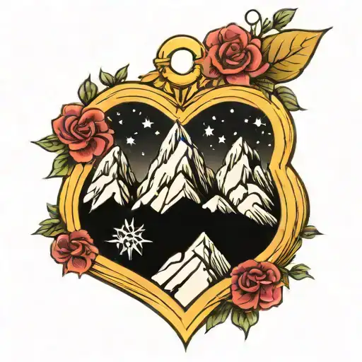Three Fine Line Mountains And Three Stars In A Heart Shaped Locket