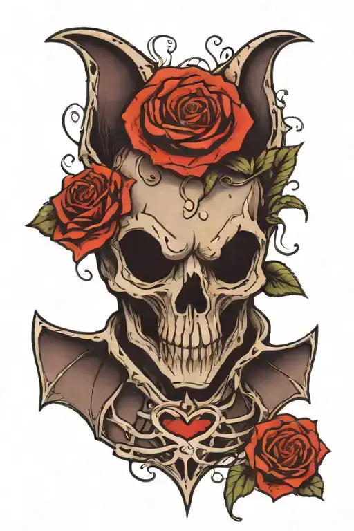Bat With His Skeleton Exposed Heart Seen And With A Rose Behind The Bat