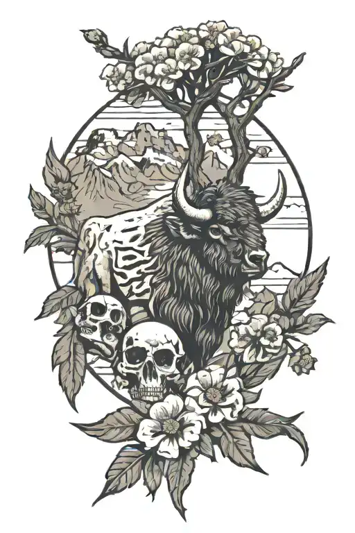 Joshua Tree With Mountains Bison Skull Feathers Primroses Eagle