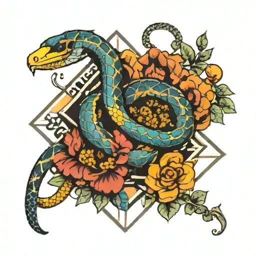 Geometric Design With Marigold Flower And Kobra Snake