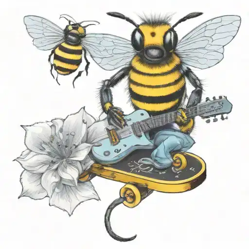 Bee Playing On Guitar Skateboard