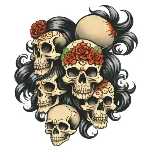 Three Skulls With Big Black Hair