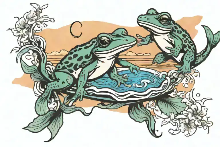 Frogs And Dolphins Jumping With The Sunset Background