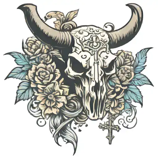 A Bull Skull With A Cross Behind It