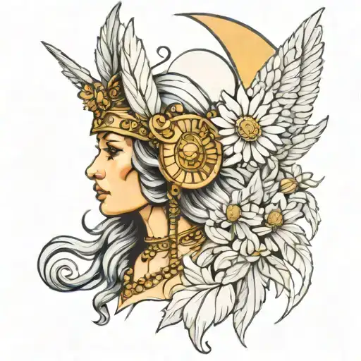 Freya Goddess Bust Wearing Feather Helmet Full Moon And Floating Daisies