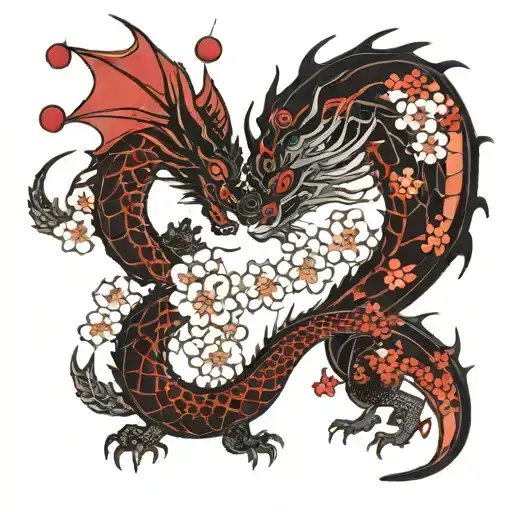 One Black Dragon And One Red Dragon With Cherry Blossoms Around