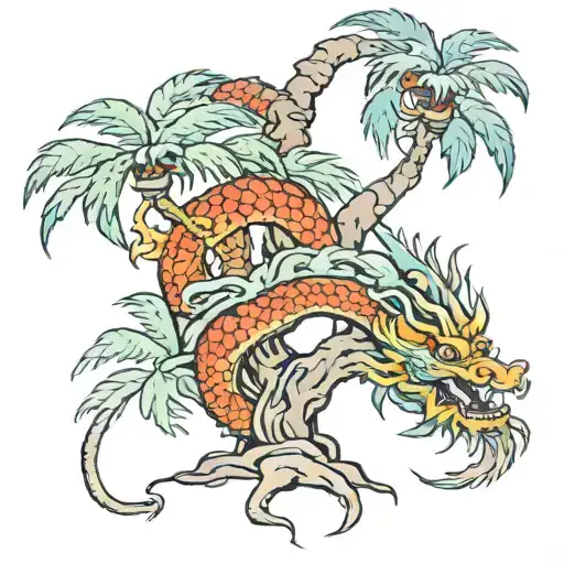 Palm Tree With Chinese Dragon Wrapped Around Tree