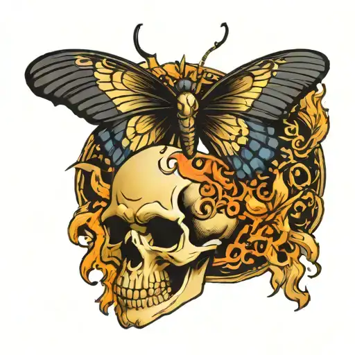Skull Gold Butterfly Raven Flames