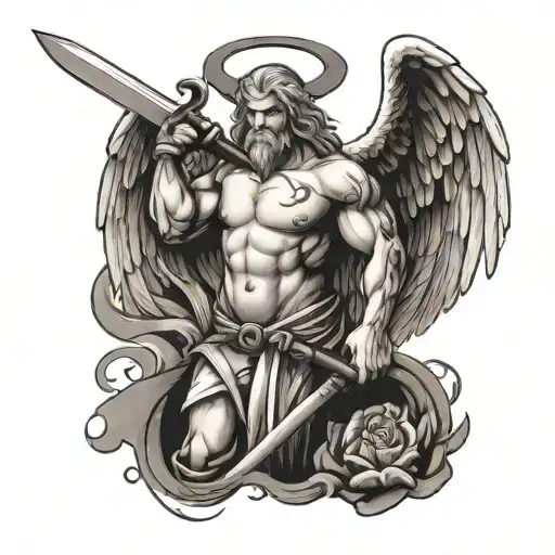 Big Angry Angel With A Sword In Trash Style Tattoo Black And White Colour