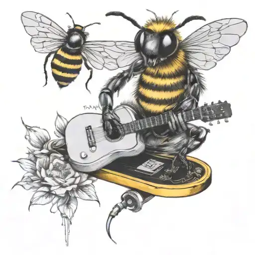 Bee Playing On Guitar Skateboard