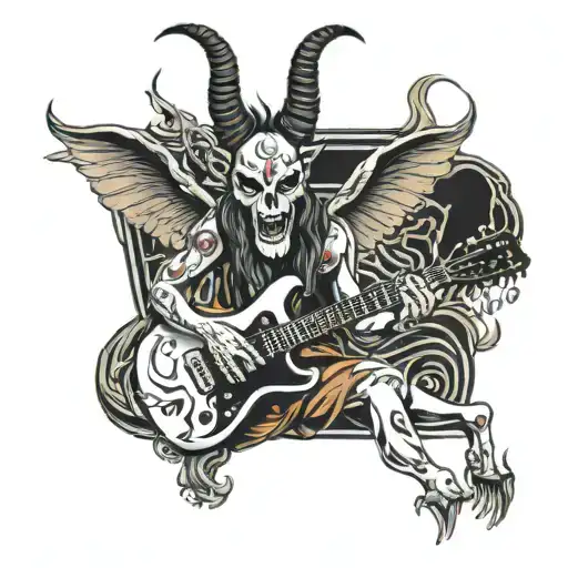 Traditional Style Tattoo Of A Baphomet Playing A Skull Guitar In A Music Themed Setting