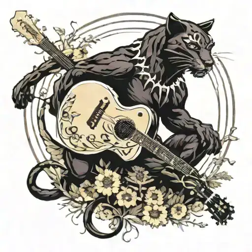 Surrounded By Dandelions There Is A Black Panther Playing A Football Shape Guitar