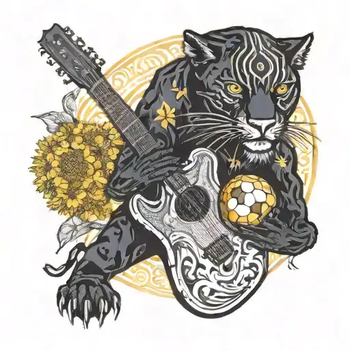 Surrounded By Dandelions There Is A Black Panther Playing A Football Shape Guitar