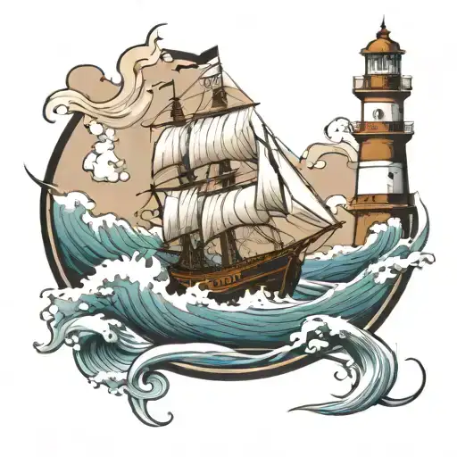 Ship In The Waves By A Lighthouse