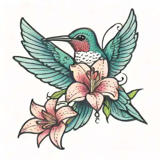 Girly Colorful Hummingbird With Feminine Pink Lily Flower