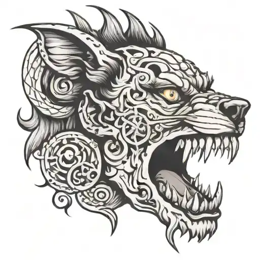 A Women's Face With Eight Eyes Like A Spider And An Open Mouth Showing Fangs Like A Wolf