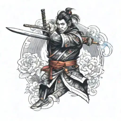Realistic Color Sketch Of A Samurai Standing With A Sword Next To A Geisha