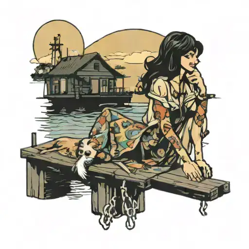 70S Woman On Dock With Dog Sitting