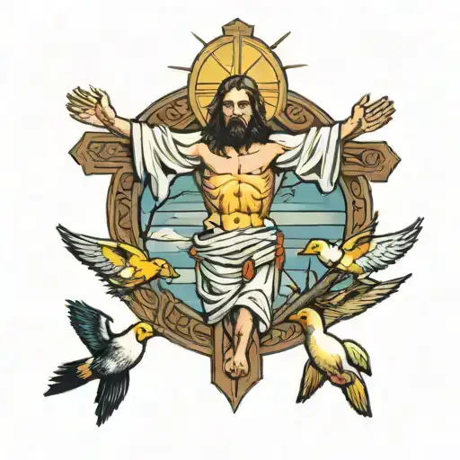 Jesus On Cross With Ducks Flying
