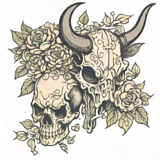 Bull Skull With Hyacinth Flower And Mum Flower