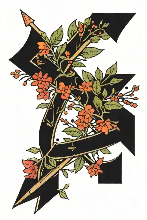 Arrow With Small Red Flowers And Stems Around The Arrow