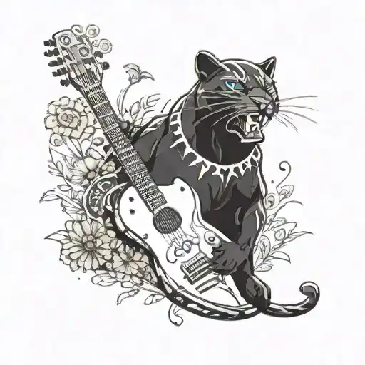 Surrounded By Dandelions There Is A Black Panther Playing A Football Shape Guitar