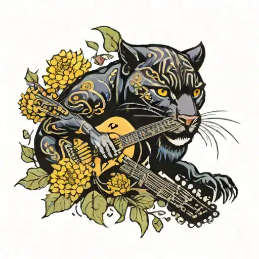 Surrounded By Dandelions There Is A Black Panther Playing A Football Shape Guitar