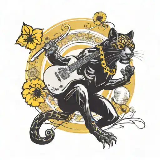 Surrounded By Dandelions There Is A Black Panther Playing A Football Shape Guitar