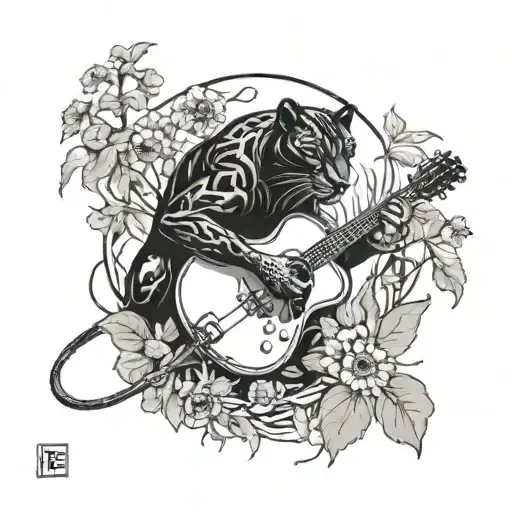 Surrounded By Dandelions There Is A Black Panther Playing A Football Shape Guitar
