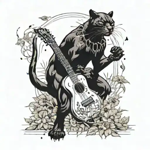 Surrounded By Dandelions There Is A Black Panther Playing A Football Shape Guitar