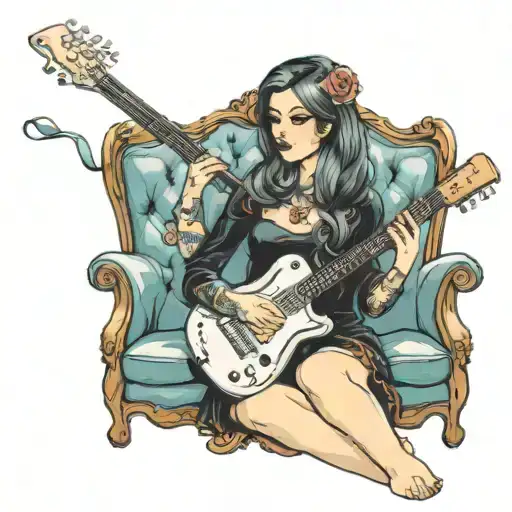 Women With Guitar Sitting On A Sofa