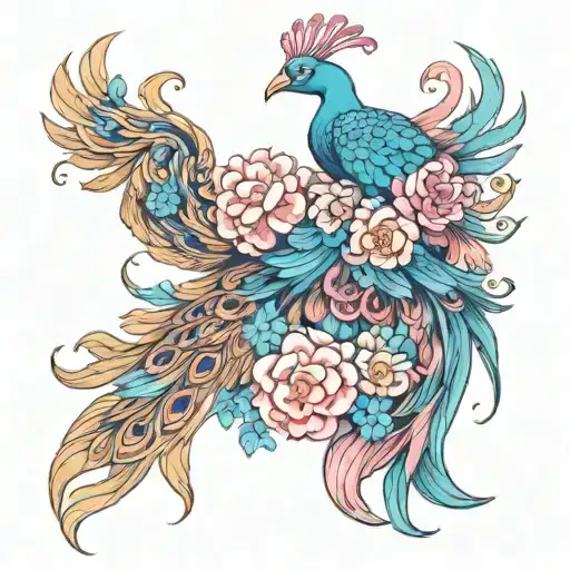 Phenix With Head Like Peacock With Long Tale Blue Pink Color Borokko Style And Flower S Around