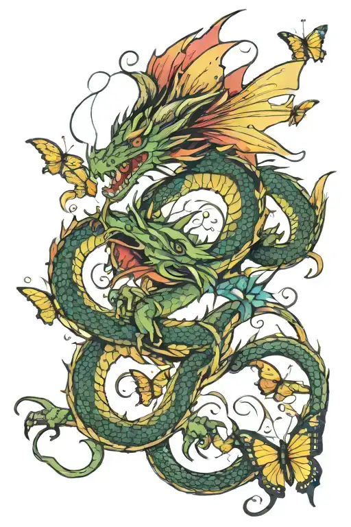 Dragon Surrounded By Butterfly Flying