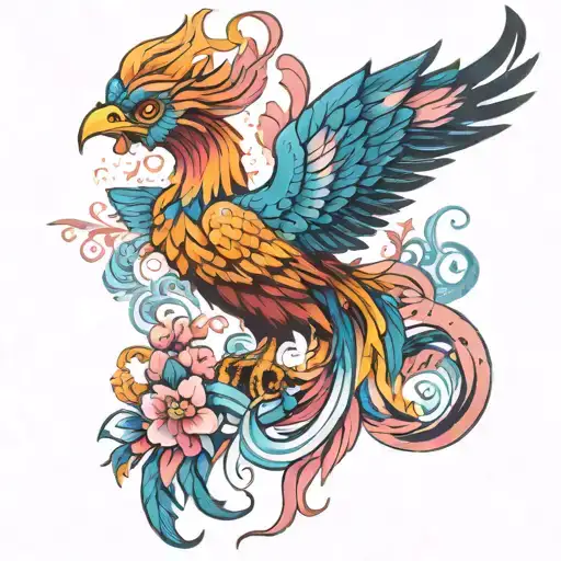 Phenix With Long Tale Blue Pink Color Borokko Style And Flower S Around