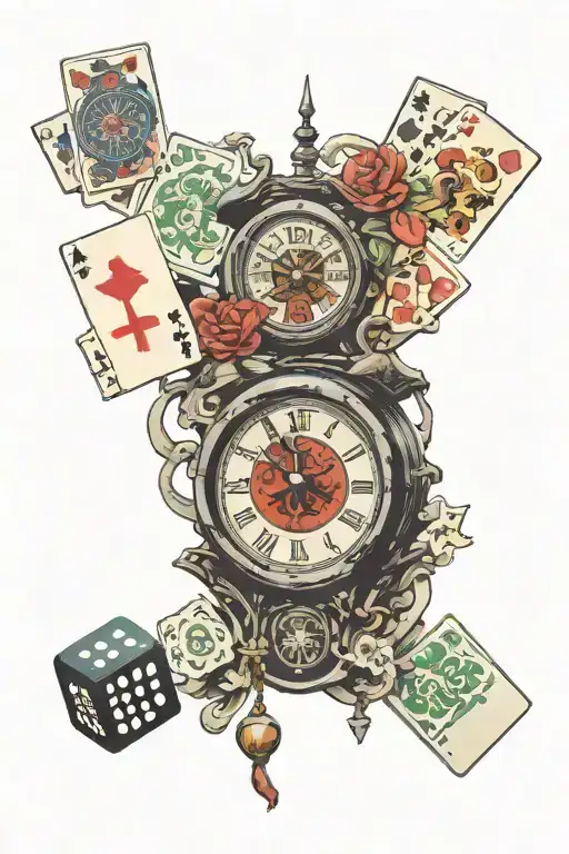 7Pm Clock With Japan Flag And Arrange Cards And Mahjong Dice