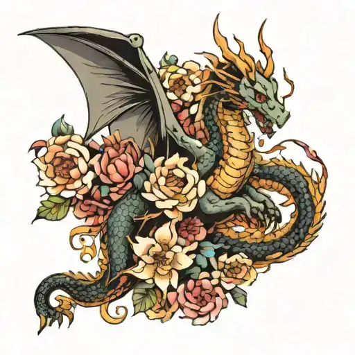 Flying Dragon And Flowers