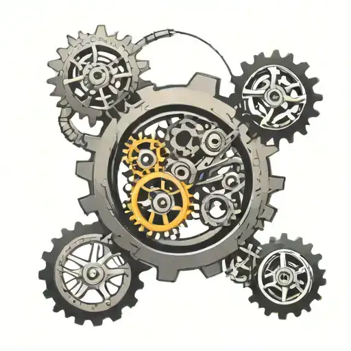 3 Unfilled Mechanical Wheels Of Different Sizes Interlocked With Each Other